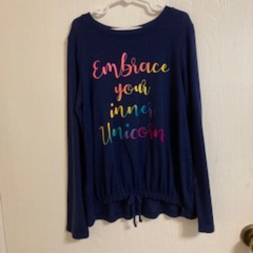 Blue long sleeve with unicorn message
